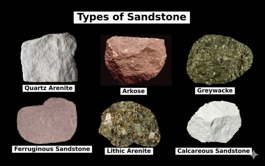 Different types of sandstone masonry including quartz, arkosic, and graywacke showing color and texture variation for construction projects