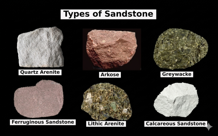 Different types of sandstone masonry including quartz, arkosic, and graywacke showing color and texture variation for construction projects