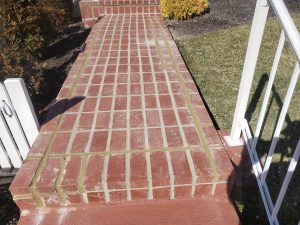 Brick And Stone Repairs 10 A brick walkway with a handrail on the right side leads up to brick steps. Grass, shrubs, and mulch border the walkway, and sunlight casts shadows on the path.