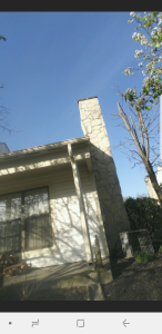 A house with a stone chimney, partially shaded, under a clear blue sky. A tree with budding leaves stands nearby, casting shadows on the house.