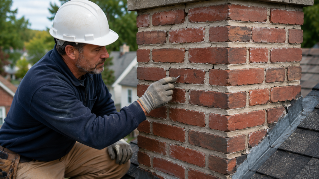 Professional mason inspecting deteriorated mortar joints on a chimney